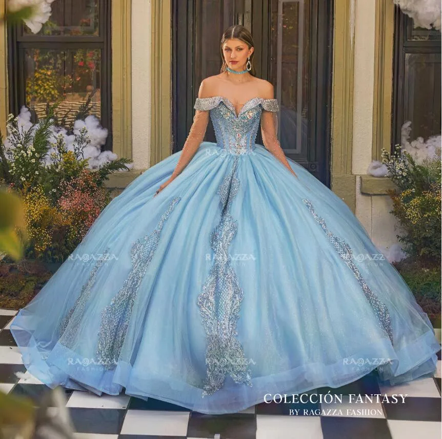 

Небесно-голубое платье принцессы Quinceanera, блестящий корсет с открытыми плечами и кристаллами, аппликация, халат с длинными рукавами, quinceanera 2024, Sweet 15