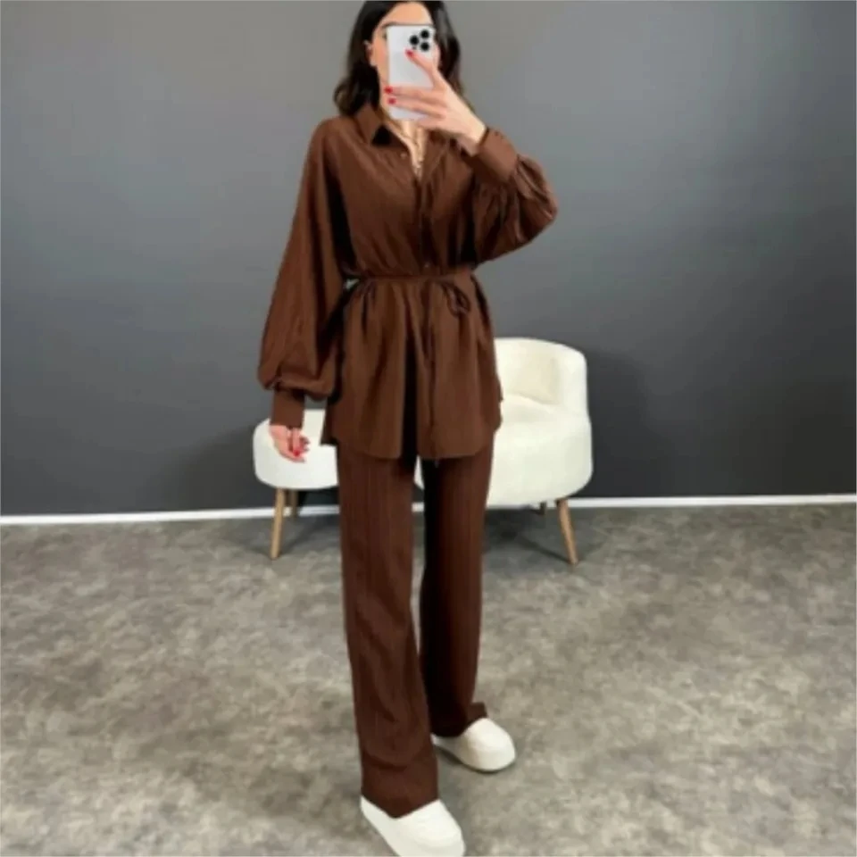 

Women Bubble Long Sleeve Loose Shirt And Long Pants Suit Solid Color Fashion Casual Lace Up Straight Leg Pants 2piece Set Female