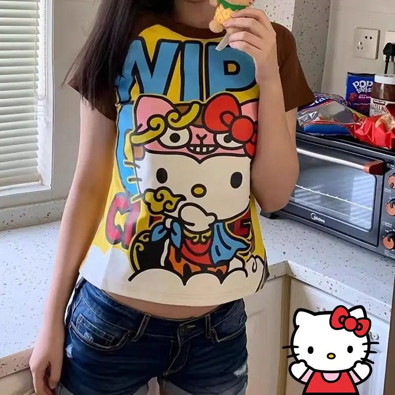 

Sanrioed Hello Kittys Short Sleeve Y2K Women T-Shirt Summer Anime Fashion Tees Cartoon Printed High Street Gothic Hot Girls Tops