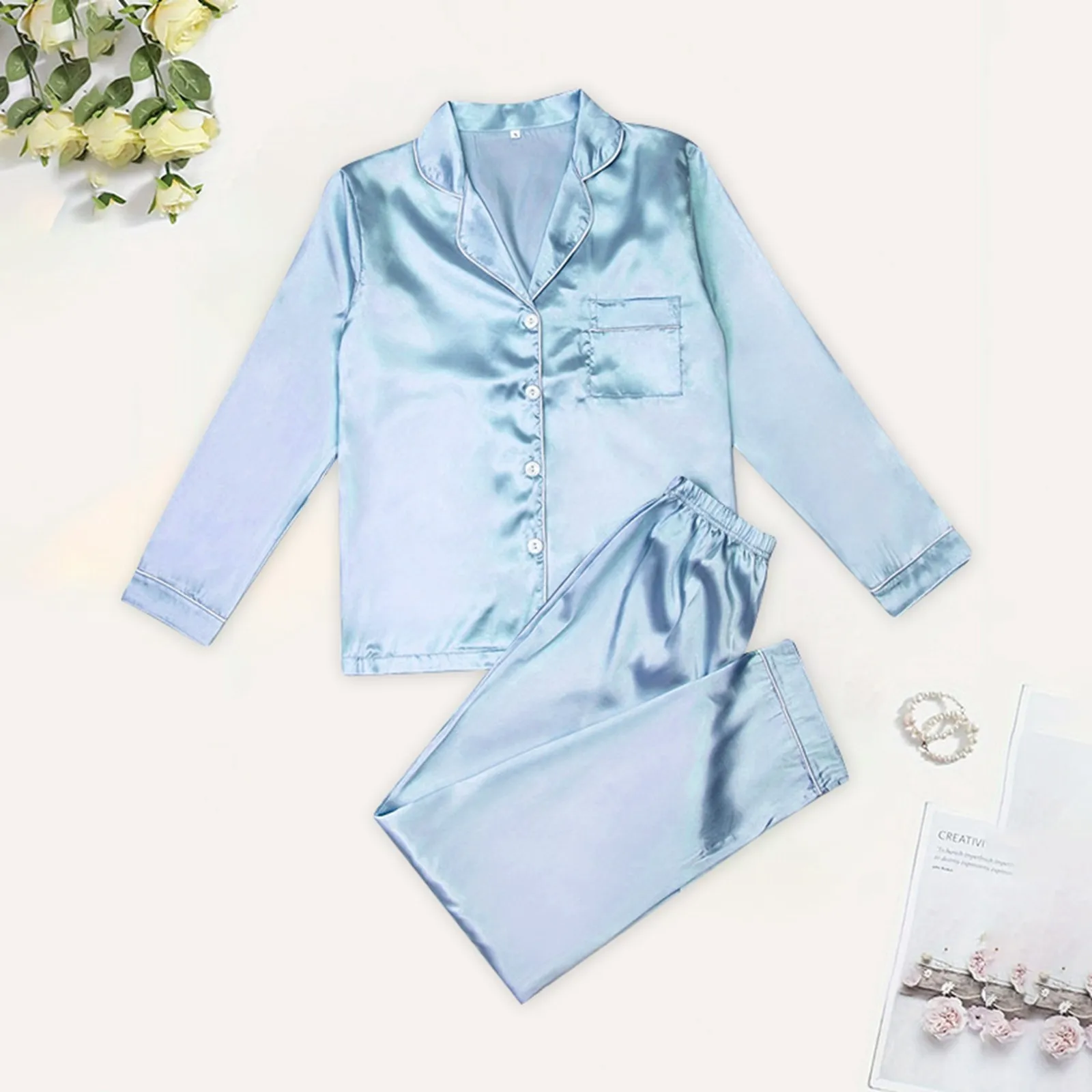 Women's Satin Home Suits Cardigan Lapel Imitation Silk Long Sleeve Pajamas Two Piece Sets Solid Color Loose Casual Sleepwear