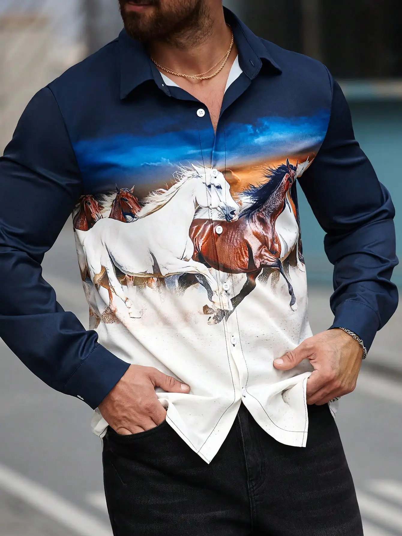 

Men's Two-Tone Long Sleeve Shirt with Dynamic Horse Graphic Print, Casual Fall Wear