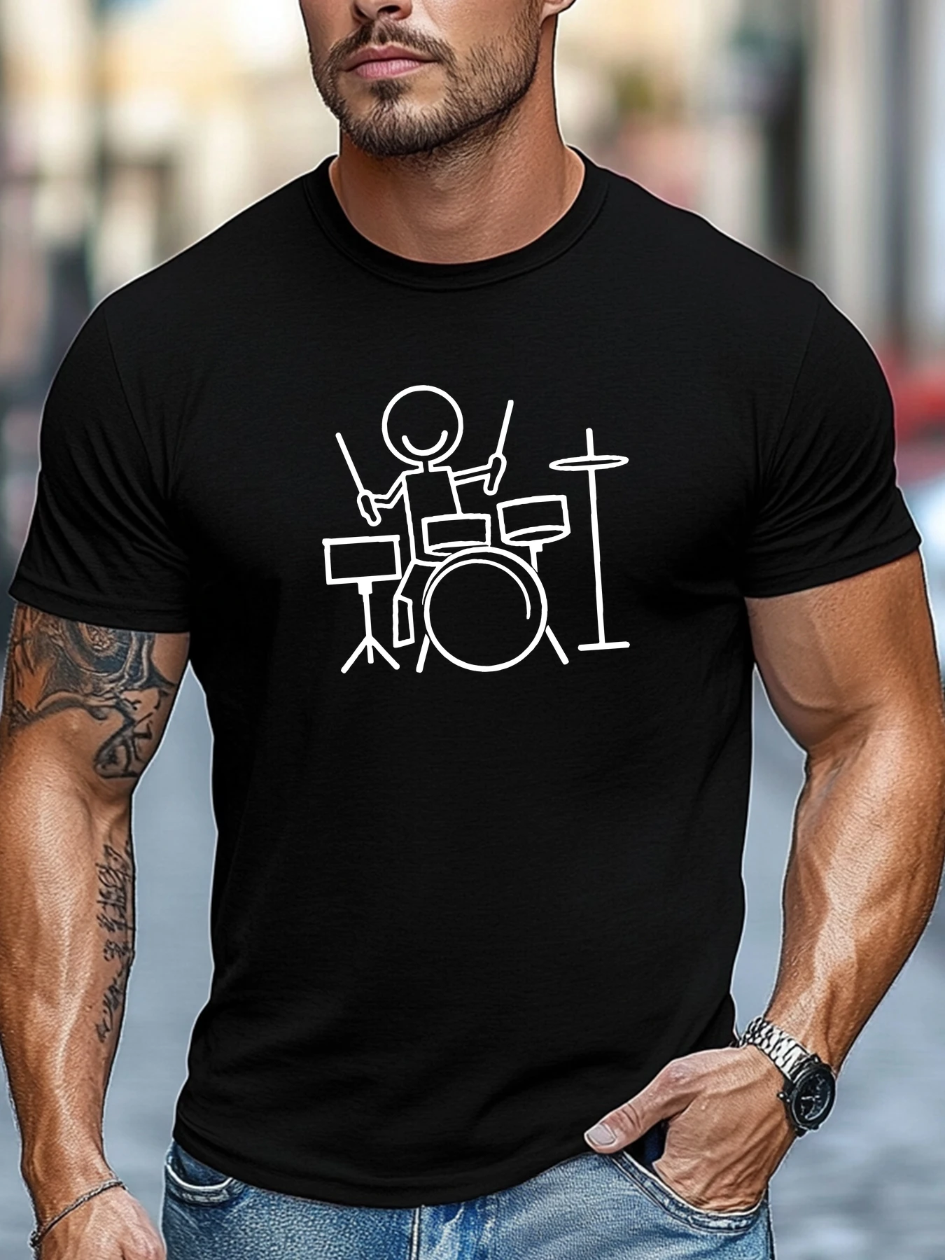 Men Khaki Crew Neck Tee Minimal Stick Figure Drummer Drum Kit White Line Graphic Soft Short Sleeve Rock Music Fan Loose Male Top