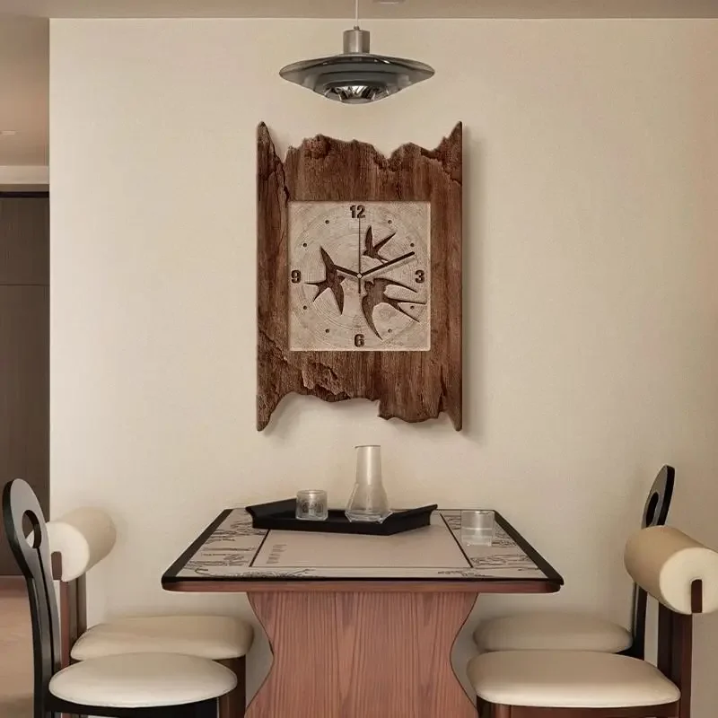 Quiet Wind Dining Room Clock Creative Unique Fake Wood Swallow Painting Wall Hanging Clock Watch TV Sofa Background Decoration