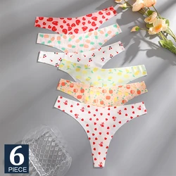 FINETOO 6Pcs Seamless Girl Panties Ice Silk G-String Lady Sexy Thong Women One Piece Fresh Low Waisted Underwear Print Underwear