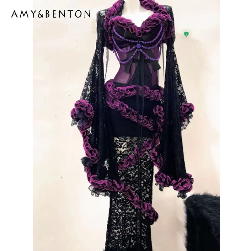 

Original Dark Lace Sexy Purple Trim Women's Sling New Elegant Temperament Black Hollow Out Bodycon Dress Three-Piece Suit Ladies