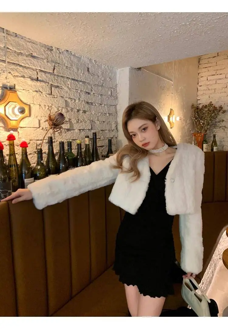 Chic V Neck Cropped Faux Rabbit Fur Jacket Women Elegant Single Button Plush Coats Woman Autumn Winter Fluffy Fleece Outerwear