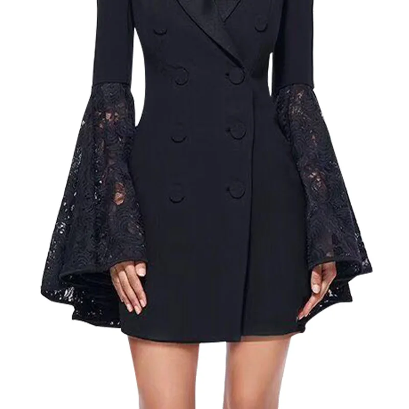 Autumn Winter Lapel Flare Sleeve Blazer Double Breasted Slim Waist Suit Clothes Fashion Lace Patchwork Blazer Dress Coat Women