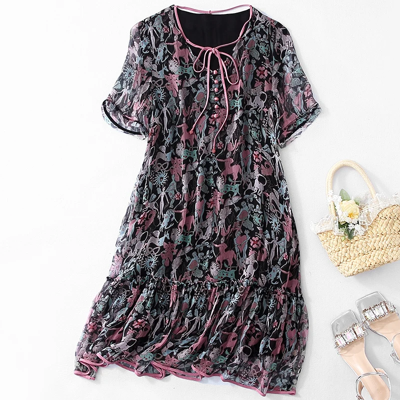 100% Real Silk Woman Print Dress 2026 Summer V-neck Elegant Fashion Dresses for Women Short Sleeve Ruffles Vintage Dress