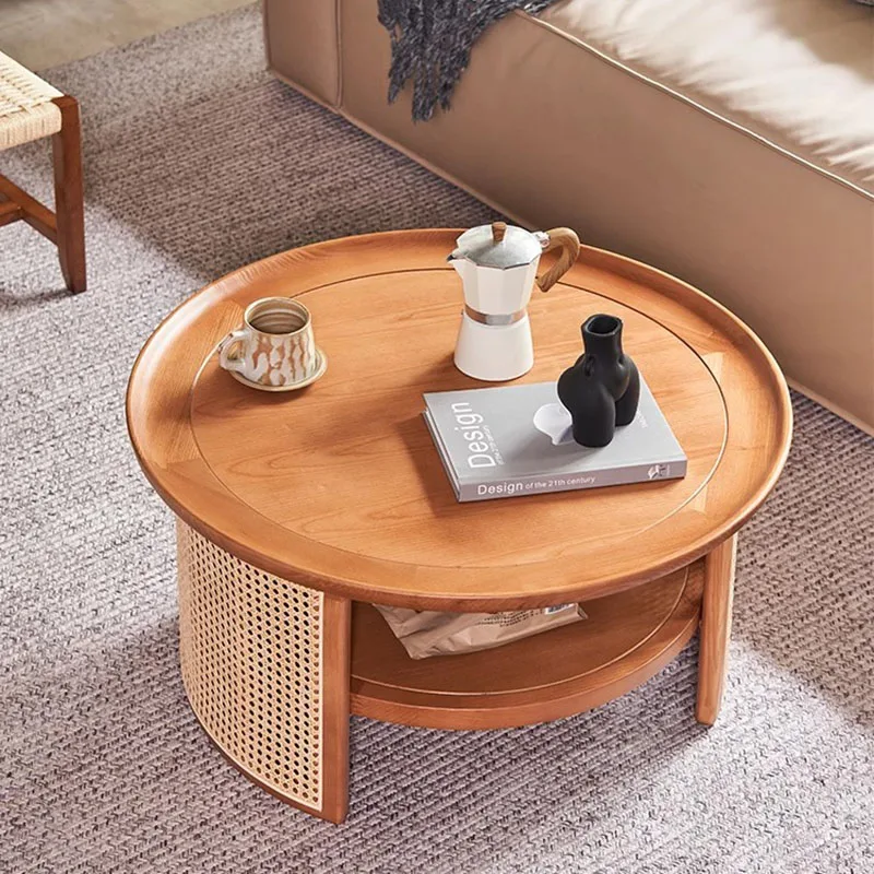 Japanese Rattan Coffee Table Solid Wood Round Side Table Low Profile Scandinavian Style Small Space Furniture Living Room Decor