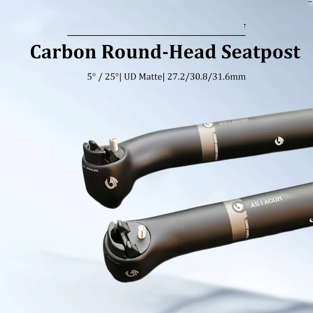 ASIACOM Full Carbon Round‑Top Clamp‑Lock Seatpost, 5°/25° Offset, 27.2/30.8/31.6mm for Mountain Road Bicycle Parts