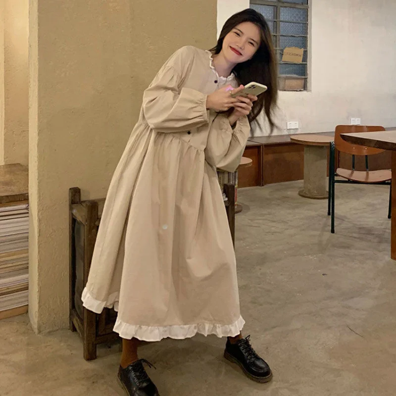 

Платье миди женское повседневное в корейском стиле, больших размеров, с длинным рукавом, А-силуэт, осеннее, с кружевной отделкой, для студенток