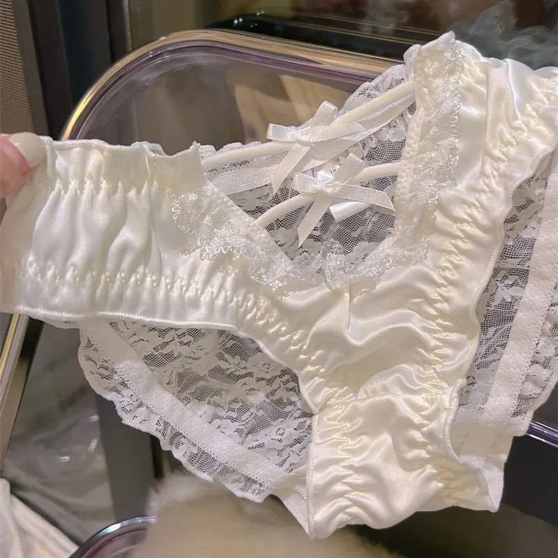 

Miss Pure Desire~ Sexy Hollow Pure White Black Lace Edge Low Waist Triangle Panties Young Girl Satin