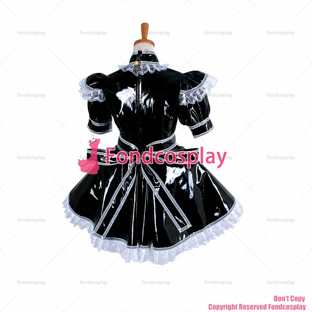 Fondcosplay adulto sexy cross dressing sissy maid short Black heavy Pvc Dress bloccabile uniforme Cosplay Costume CD/TV[G350]