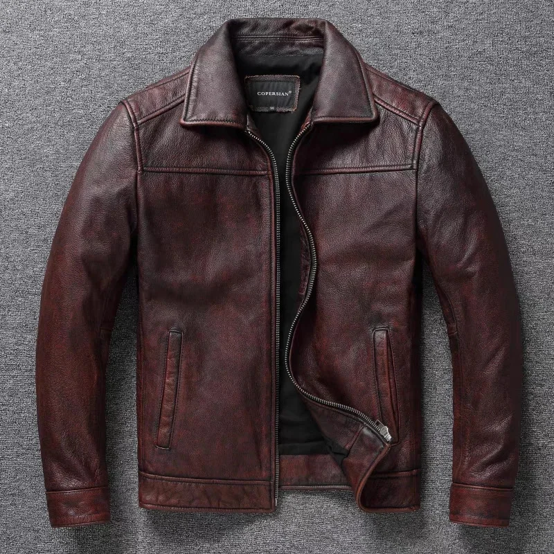 

Distressed Retro Lapel First Layer Cowhide Leather Motorcycle Jacket Men's Slim Short Classic