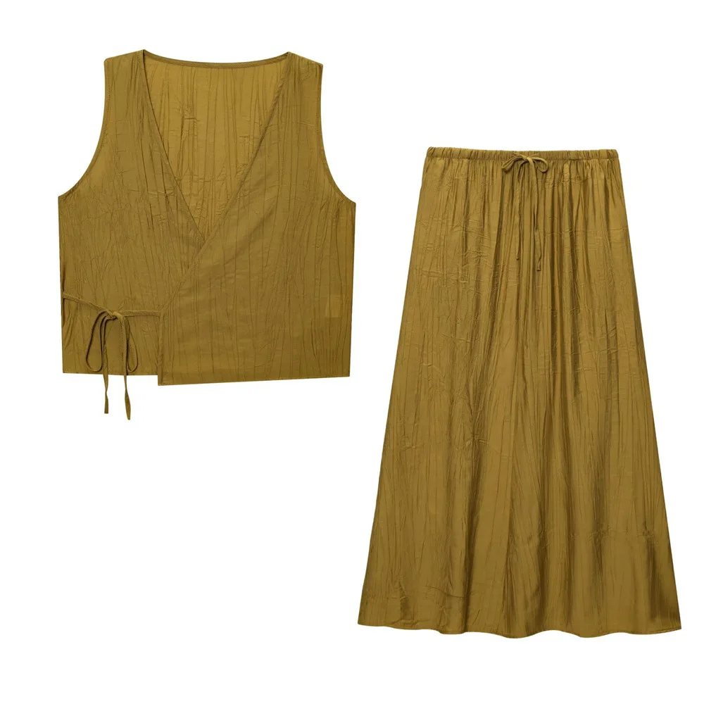 

Комплекты с длинной юбкой для женщин, комплект из 2 предметов, новая модная майка + плиссированные длинные юбки с простым эффектом, комплект элегантной женской одежды