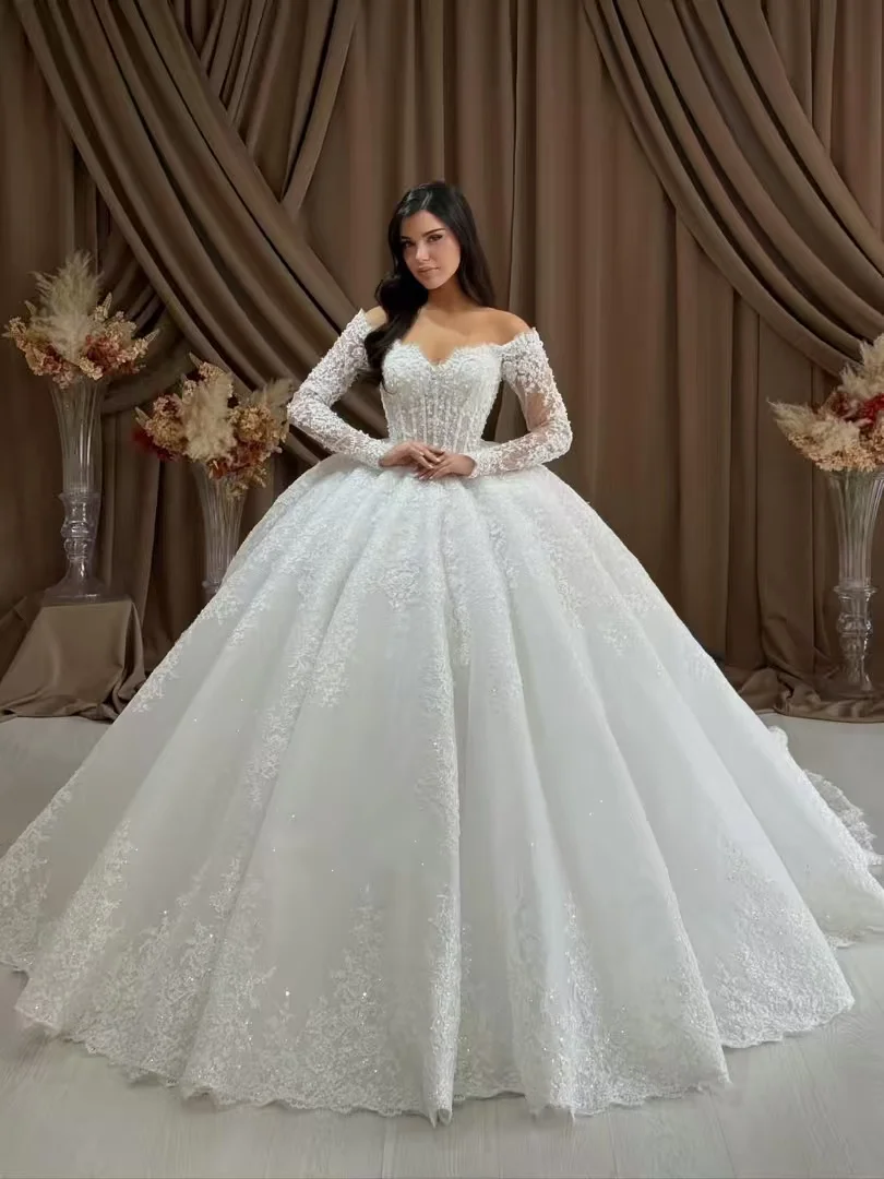 

Luxury Off Shoulder Sweetheart Lace Ball Gown Wedding Dress Long Sleeve Corset Lace Up Back Cathedral Train Bridal Gown Vesti