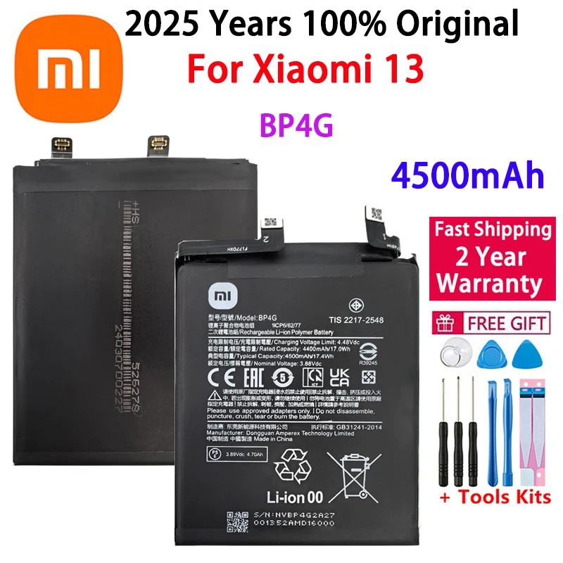

2025 лет, 100% оригинальный аккумулятор высокого качества BP4G 4500 мАч для Xiaomi 13, Mi13 Mi 13, запасные аккумуляторы для телефона, быстрая доставка