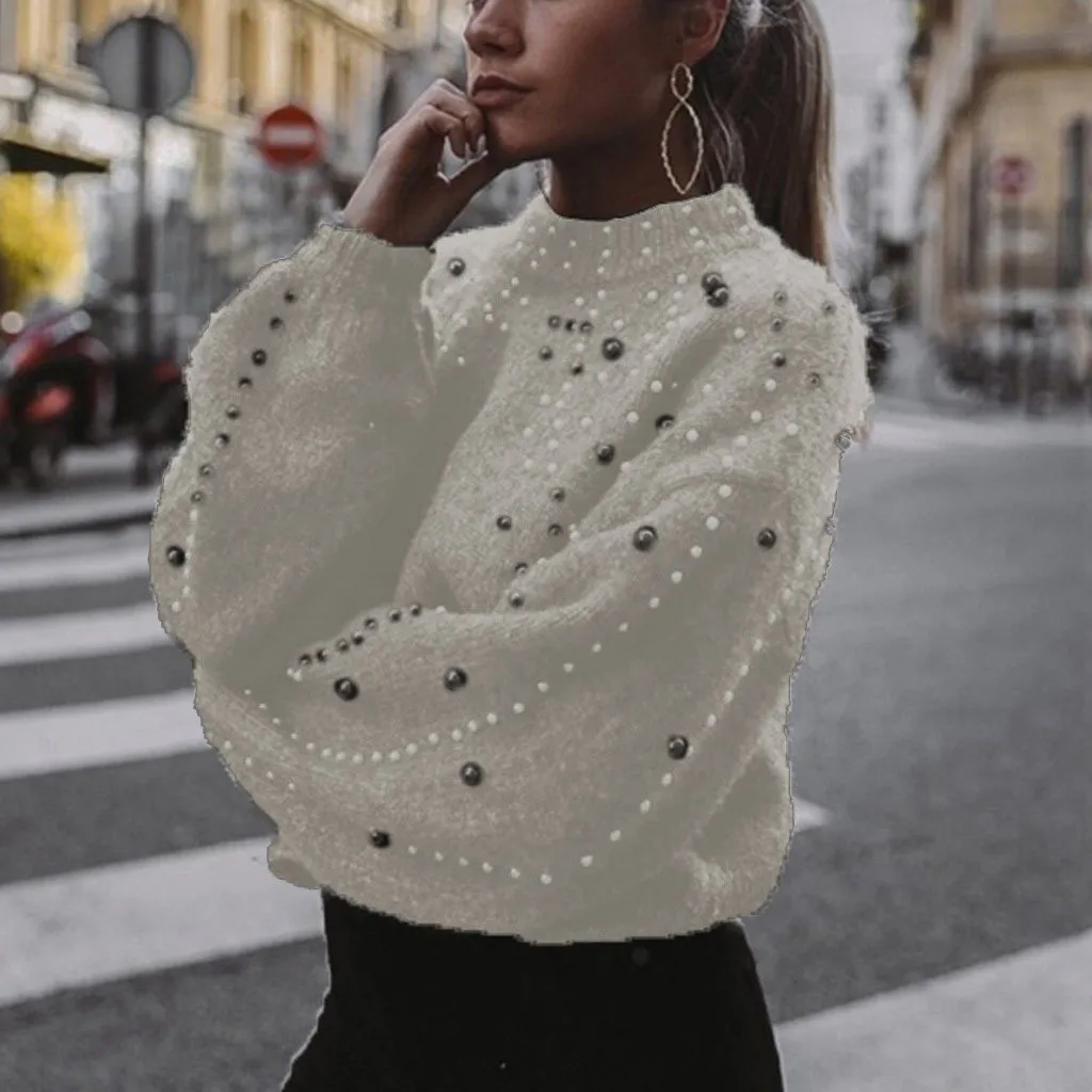 2024 Women Sweater Autumn Winter Solid Round Neck Long Sleeve Pearl Knitted Sweater Pullover Knitted Women Tops