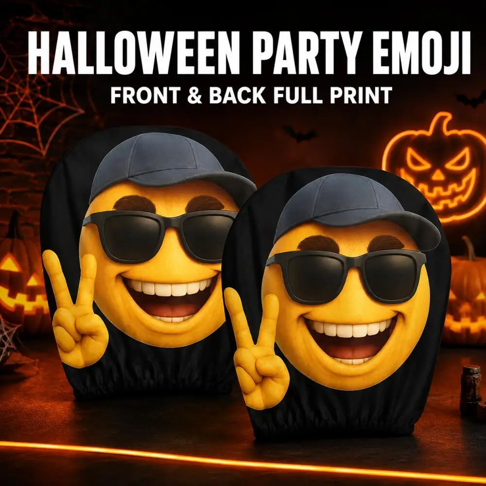 2Pcs Bean Character with Sunglasses Cap Peace Sign Car Headrest Covers 2D Printed Soft High Elastic Halloween Car Interior Decor