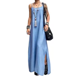 New sexy and loose fitting denim dress with straps, unique design, showcasing personal charm and fashionable taste