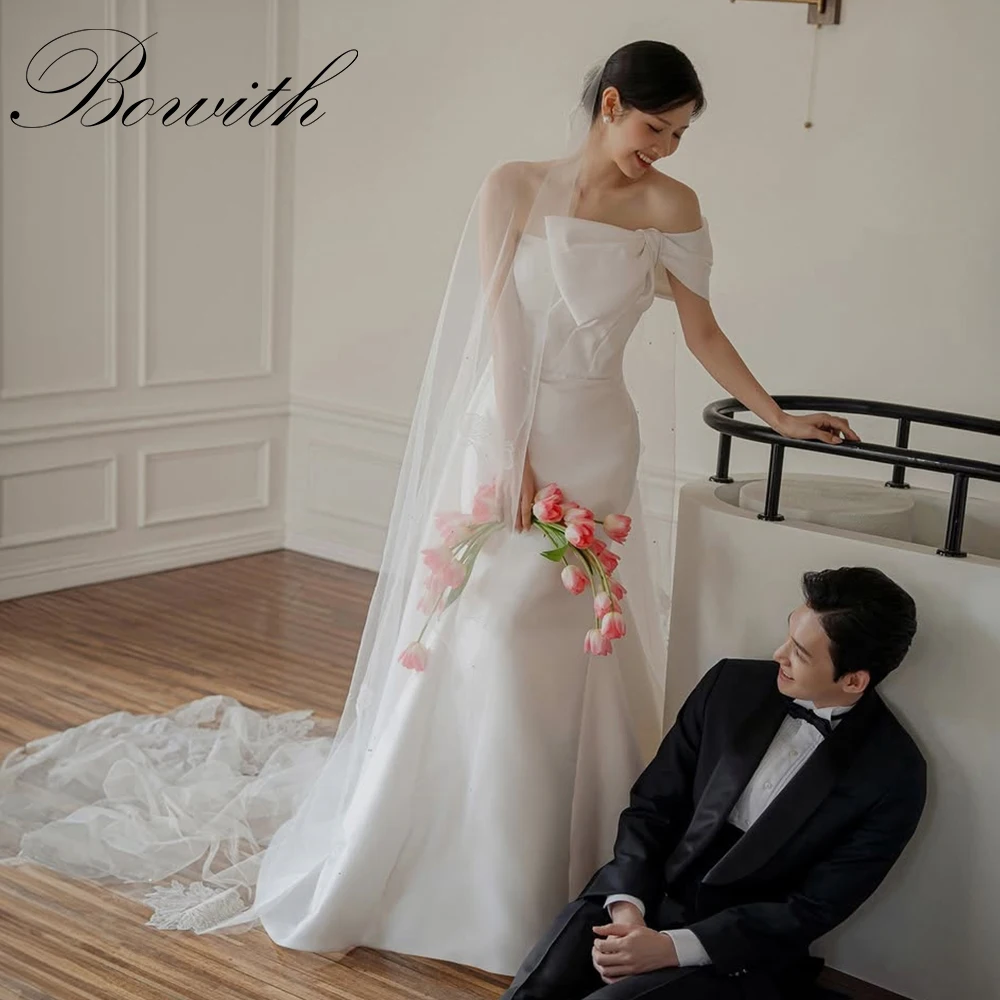 Bowith vestidos de casamento com laço de um ombro, sessão de fotos coreana, comprimento até o chão, vestido de noiva sereia personalizado, vestidos de recepção