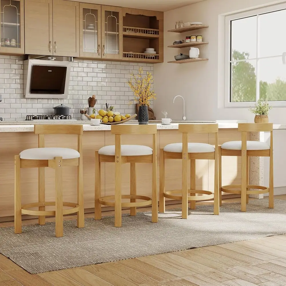 

Набор из 4 мягких барных стульев с низкой спинкой, ножки из натурального каучукового дерева, для кухонного острова или столовой