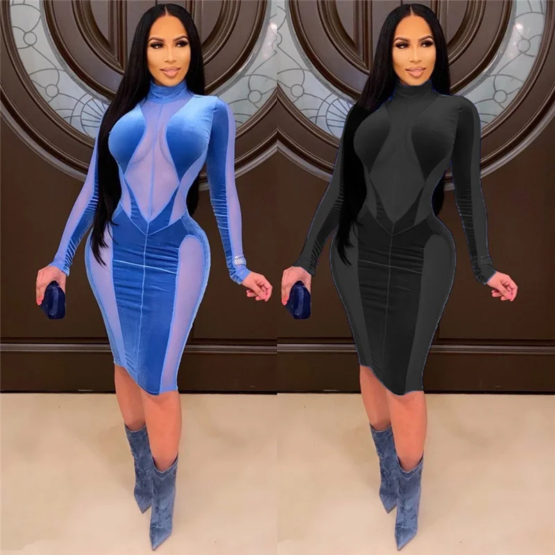 Sexy Mesh Sheer Patchwork Velvet Dress Women Chic Long Sleeve Skinny Party Nightclub Bodycon Midi Dress Rave Festival Outfits