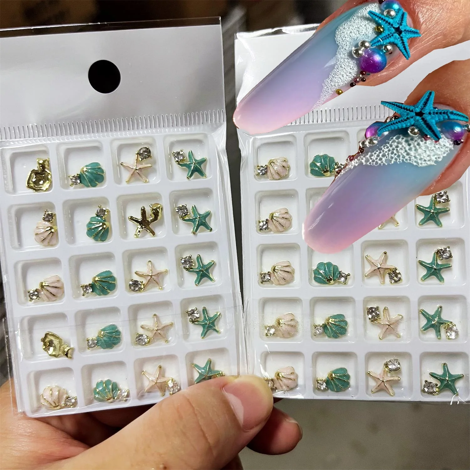 

20pcs 3D Starfish/Seashells Designs Nail Art Charms with Rhinestones Ocean-Themed Enamel Nail Supplies for DIY Manicure Decors *