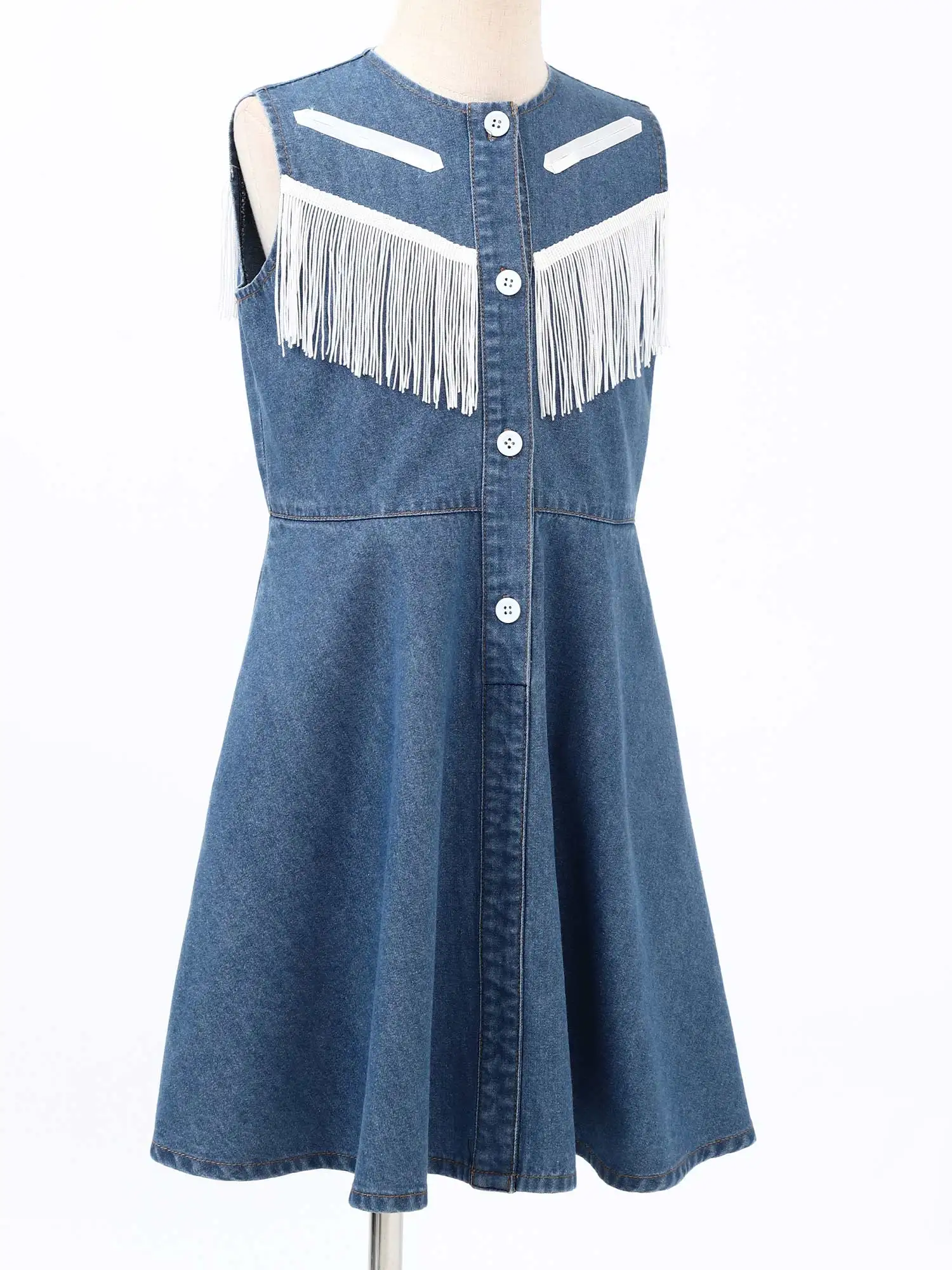 

Halloween Western Cowboy Cowgirl Costume for Kids Girls Sleeveless Button Tassel A-Line Denim Dress Carnivals Birthday Clothes