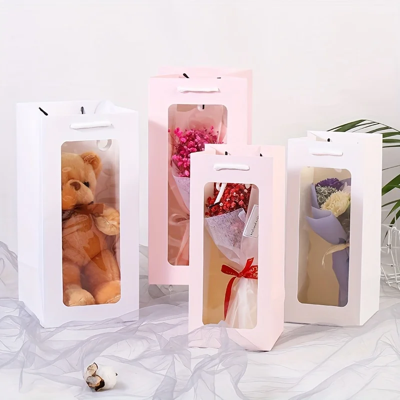 12pcs Single Flower Storage Bag Transparent Window Rectangular Kraft Wine Box Christmas and New Year Gift Party Supplies