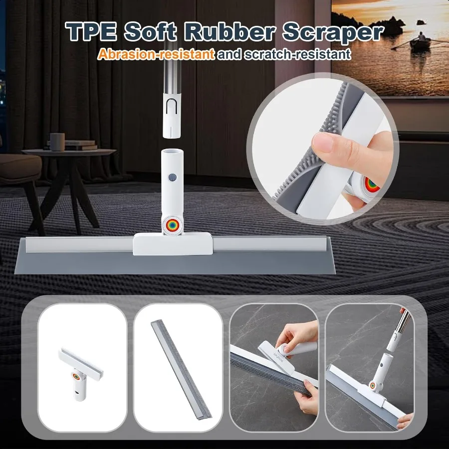 Rubber Squeegee Broom for FloorUpgrade 62" Long Handle Window Squeegee 2 Cleaning Cloths Silicone Pet Hair Remover Magic Broom