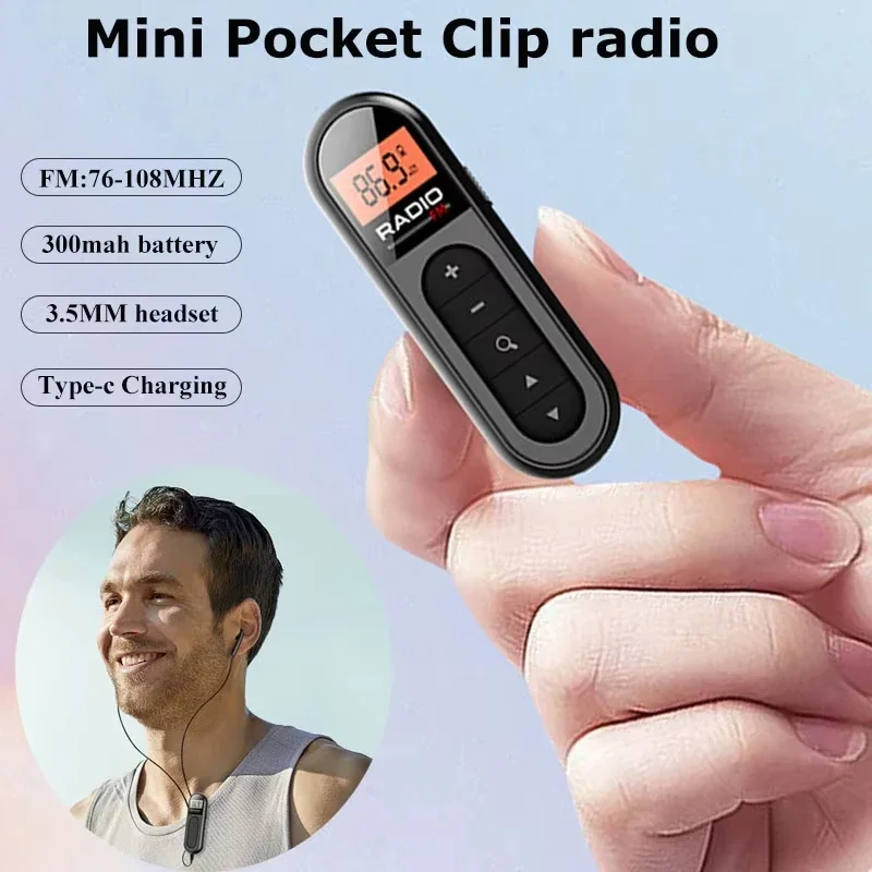 Mini Pocket FM Radio Portable 76-108MHZ Radio Receiver with Backlight LCD Display Wired 3.5mm Headphones Support Type-c Charging