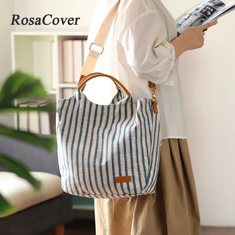 

Korean Style Simple Striped Canvas Shoulder Bag Large Capacity Casual Crossbody Tote for Women