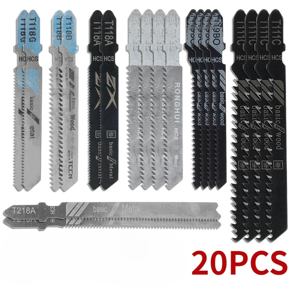 Conjunto de 20 Lâminas de Serra Tico-Tico HCS com Haste em T, Sortidas para Corte de Madeira, Plástico e Metal, para Black & Decker e Metabo