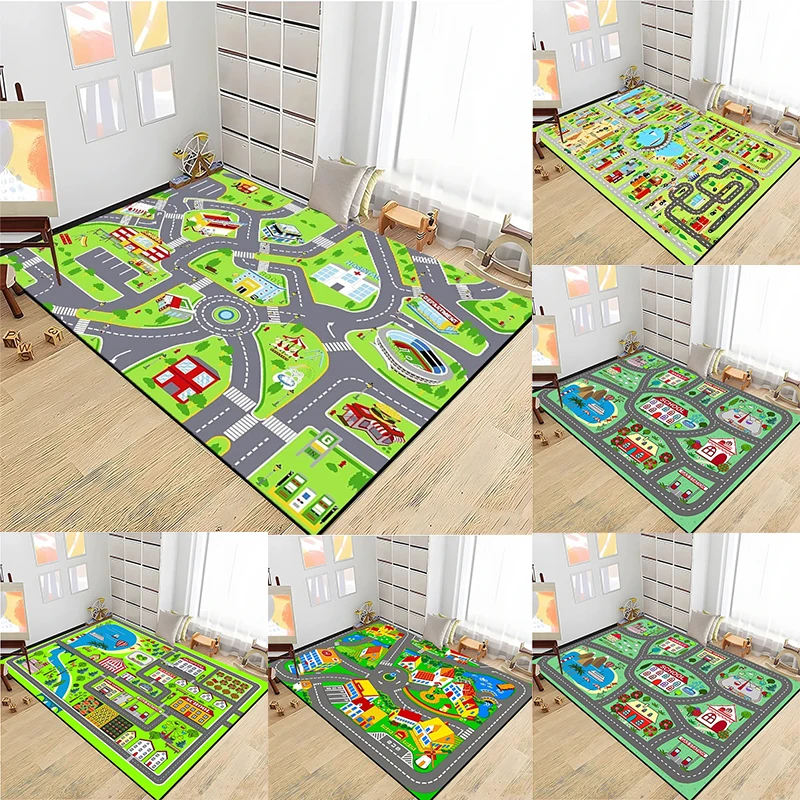 Straßenverkehrsregeln für Kinder, Aufklärungsthema, Cartoon-Spielzeugautos, populäre Wissenschaft für Jungen und Mädchen, Babyzimmerteppich