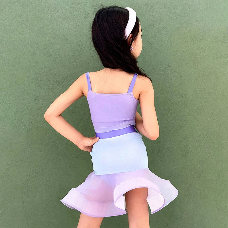 Lila Tanzanzug für lateinamerikanische Performance-Mädchen, Sommer, ärmelloses Oberteil, Rüschenröcke, Rumba, Tango, Trainingskleidung, lateinamerikanisches Kleid 2061