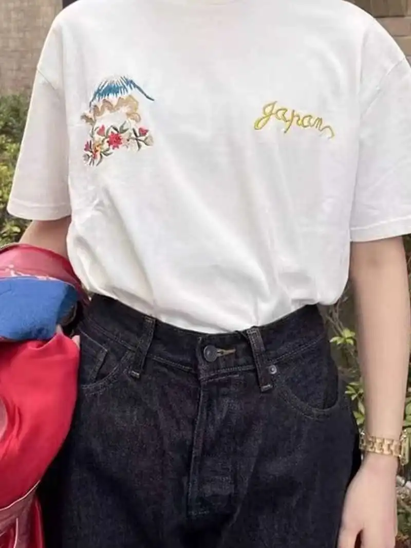 25SS اليابانية الرجعية الربيع/الصيف جديد زهر الكرز رسالة جولة الرقبة عارضة قصيرة الأكمام تي شيرت للرجال والنساء