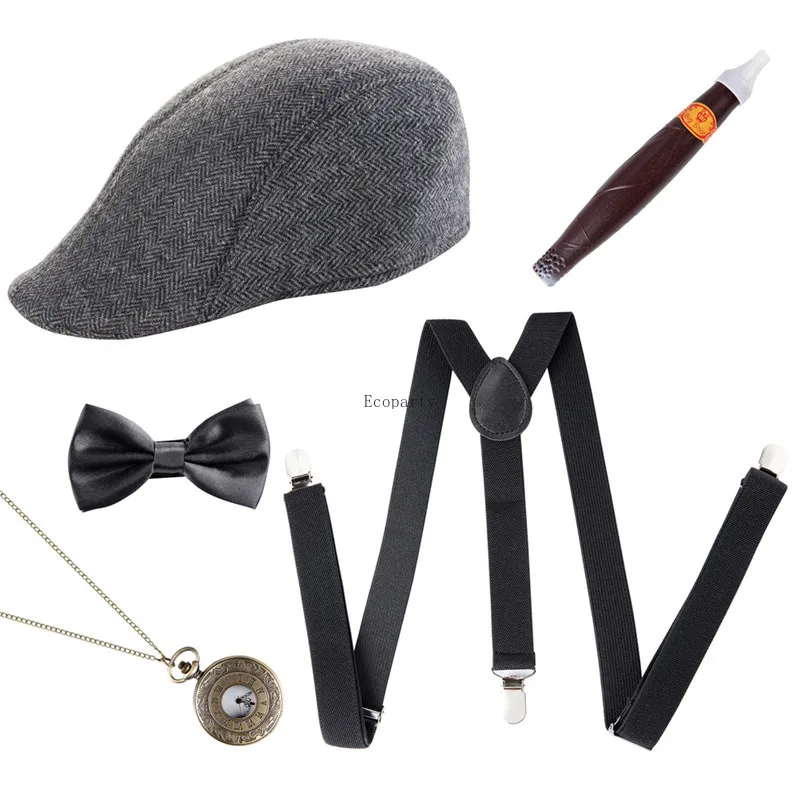 Disfraz de gángster de Gatsby para hombre, conjunto de accesorios para disfraz de los años 2022, sombrero de Manhattan, tirantes, accesorio para fiesta de Halloween, 1920