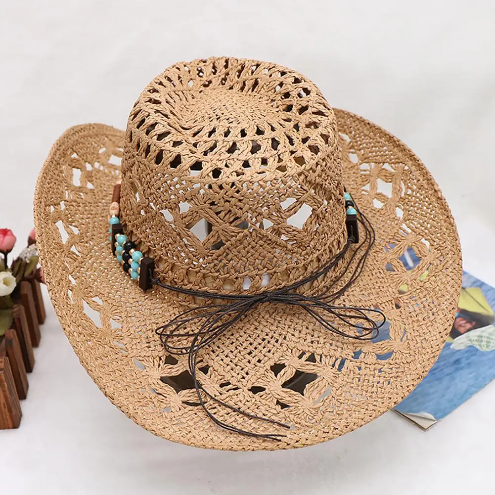 Lina papierowa tkana czapka przeciwsłoneczna Unisex słomiane koraliki kapelusz kowbojski Vintage zachodni kapelusz kowbojski męski elegancki kapelusz damski kapelusz kowbojski jazzowy — zdjęcie 3