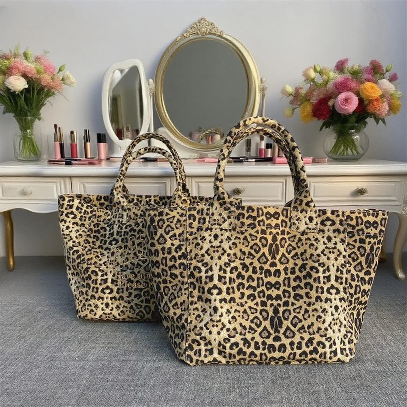 

Large Leopard Print Embroidered Canvas Shoulder Bag for Men and Women, Casual Shopping Carry Bag, Tote Bag