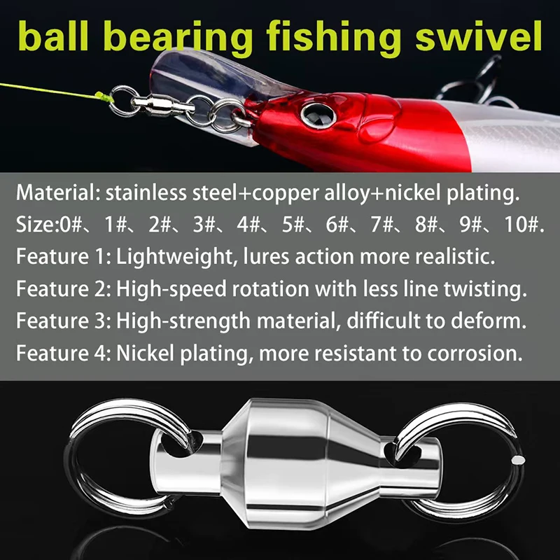 10Pcs Ball Bearing Fishing Swivels, Stainless Steel 360° Super Spin Swivel with Split Rings, Saltwater Roller Swivel for Lure