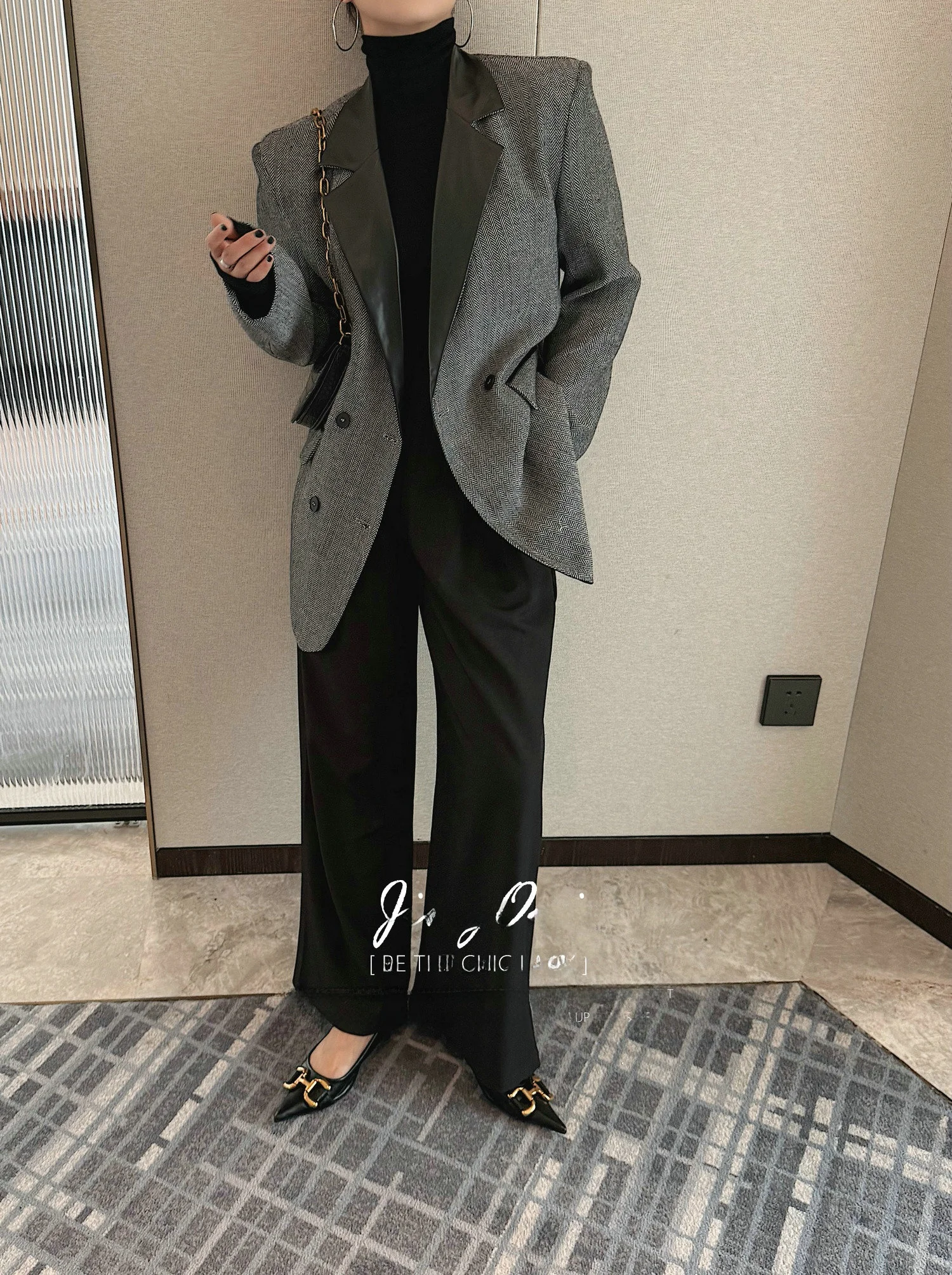 Wełniany garnitur damski, luźny krój, skórzany kołnierz, odzież wierzchnia jesienno-zimowa, nowy, wyszczuplający, wysokiej jakości materiał.