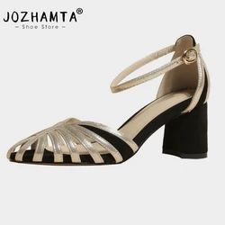 JOZHAMTA Size 34-40 2025 New Women Sandals Pumps Summer Retro Strap Genuine Leather Thick High Heels Gladiator Shoes For Woman