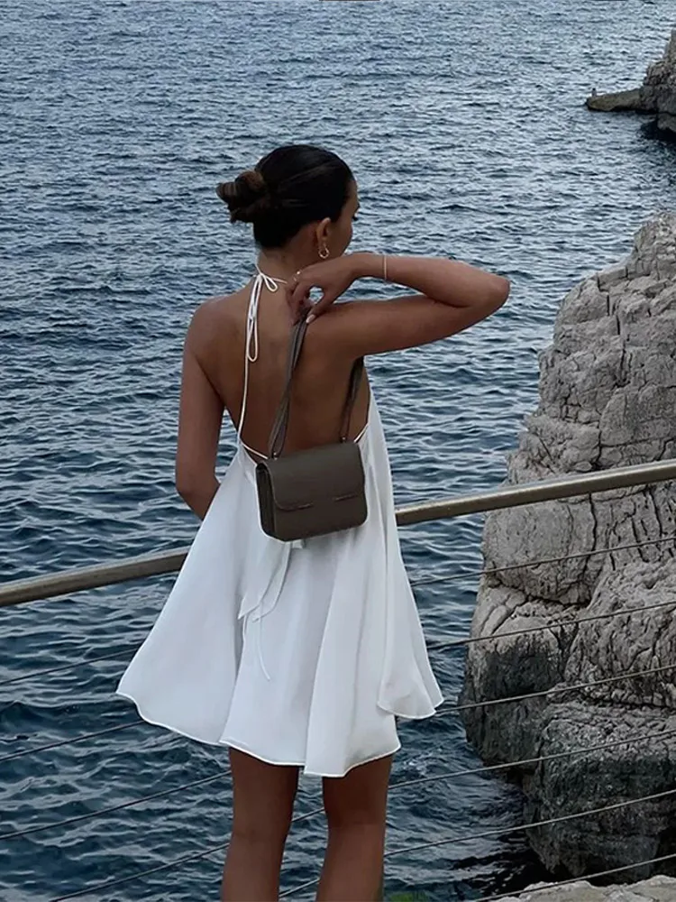 Mulheres sexy halter em camadas babados mini vestido moda fora do ombro sem costas uma linha vestidos primavera verão chique senhora vestidos curtos