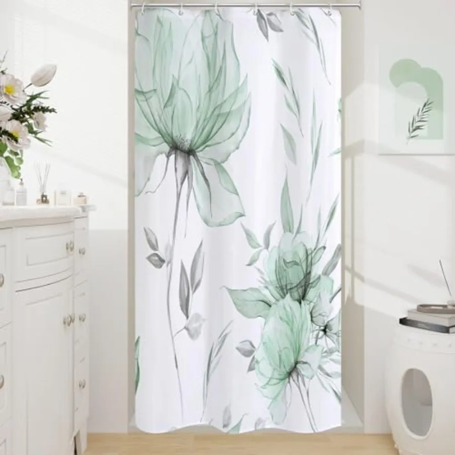 

Small Stall Boho Watercolor Floral Shower Curtain 36 x 72 Green and Grey Ink Painting Style Flower Shower Curtains for Chic Ele