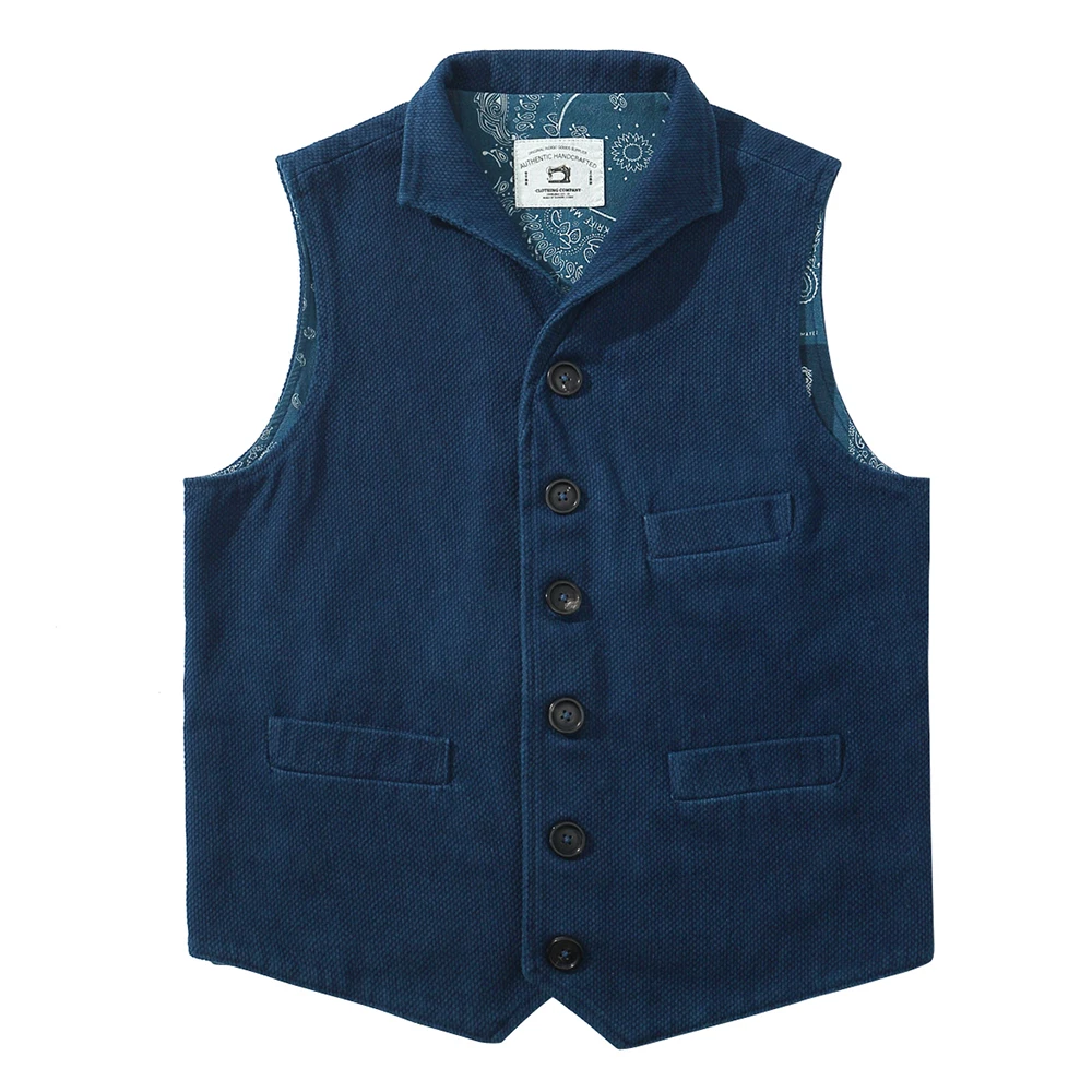 Japanese Vintage Kendo Indigo Jacket Vest Handmade Plant Blue Dyed Notch Lapel Waistcoat Autumn Winter Casual Cardigan Jackets