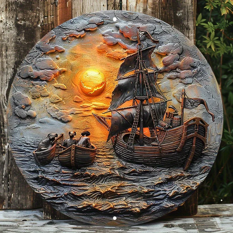 

Pirate Ship Round Aluminum Metal Sign, Waterproof Wall Decor, Pre-drilled Holes, HD Printed Wreath Decor, Sunset and Ocean Scene