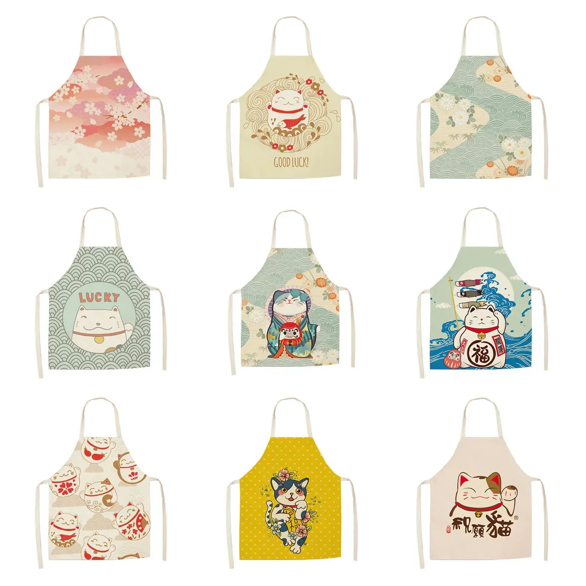 Glückliche Katze Schürze Küchen schürzen für Frauen Baumwolle Leinen Lätzchen Haushalts reinigung Schürze Haus manns kost Schürze Kawaii Schürze