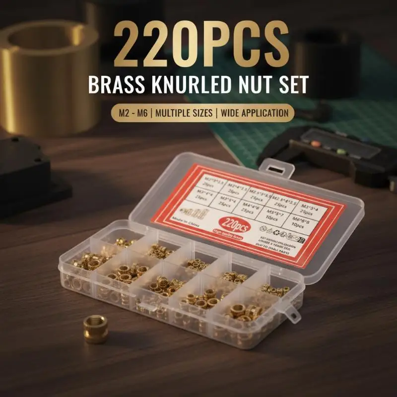 Brass Knurled Heat Insert Nuts Kit, M2-M6 Double Twill Hot Melt Nuts, 220Pcs Embedded Thread Nuts for 3D Printer DIY