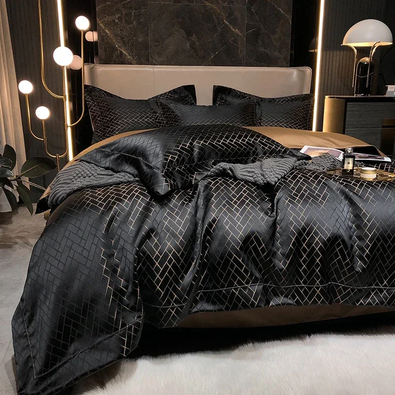 New Luxury Black Gold Yarndyed Jacquard Egyptian Cotton Bedding Set Satin Smooth Duvet Cover Flat/Fitted Sheet Pillowcases 4Pcs